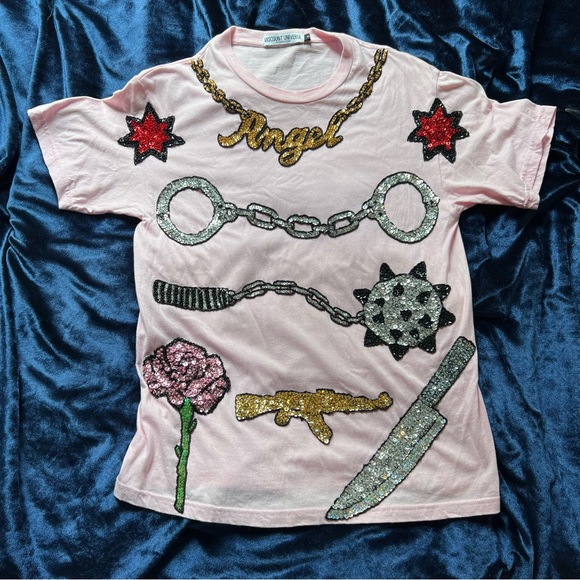 Baby pastel pink unisex sequin embroidered tshirt by Discount Universe - Picture 1 of 6